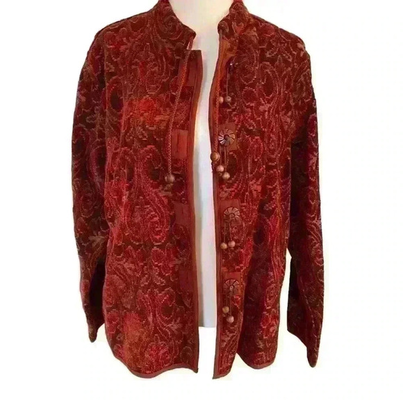Vintage 90s Flashback Tapestry Jacket Red Burgundy Wooden Size M Button Detail - Picture 2 of 10